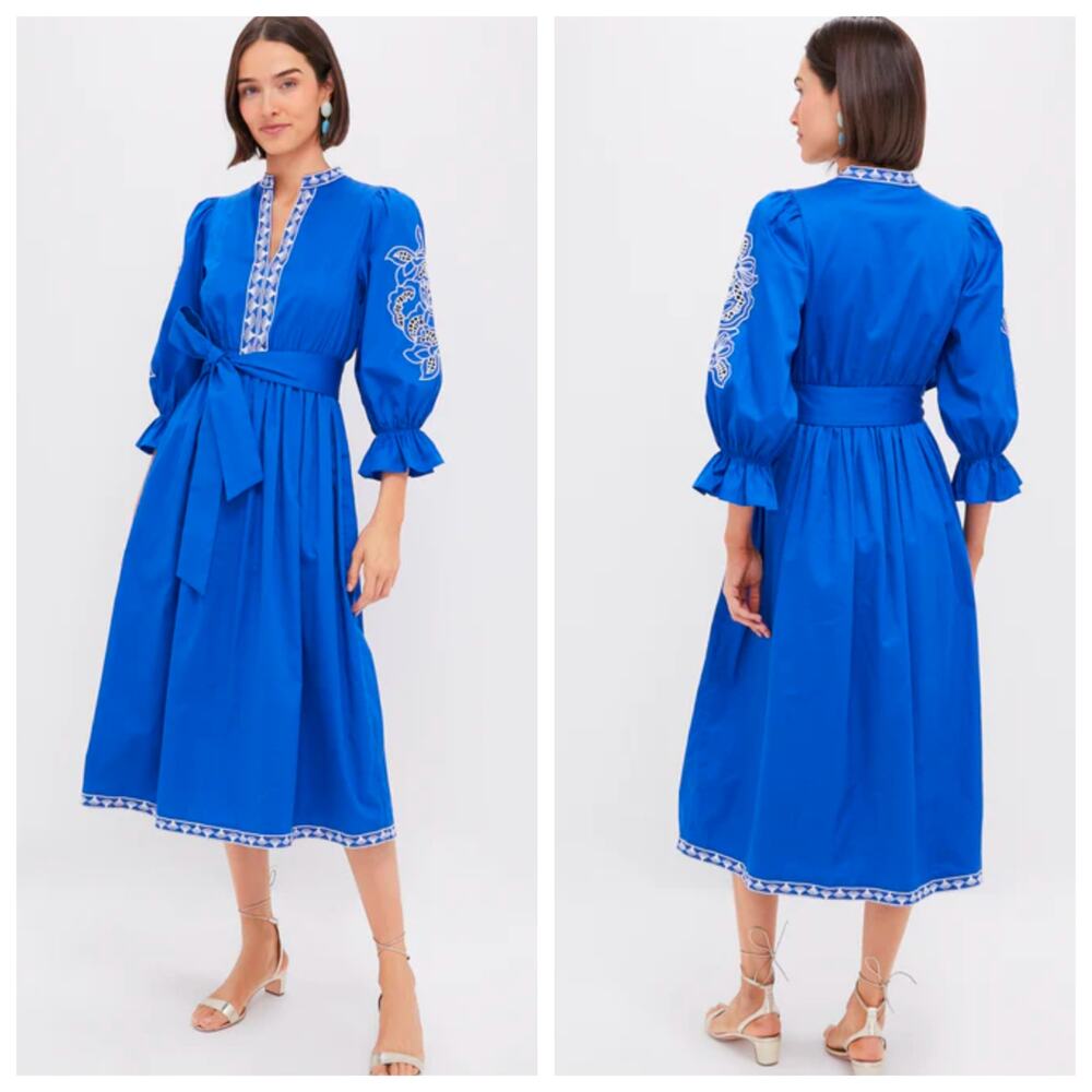 Hyacinth House Blue Embroidered Midi Dress Medium Cotton Belted NWT Boho